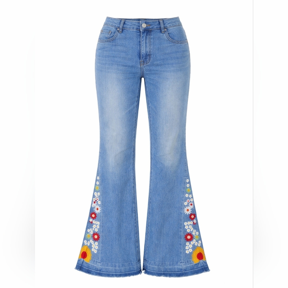 Embroidered Light Wash Flare Leg Jeans | XL | Boho Floral Denim - Picture 2 of 6